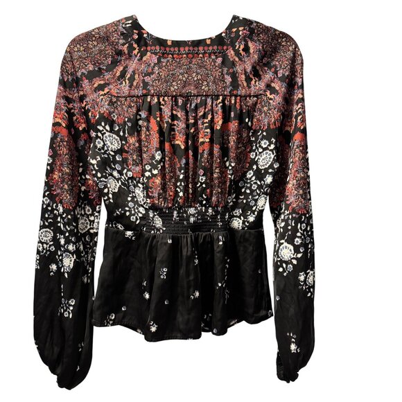 Free People blouse Sz S Long Sleeve Floral Blouse With Knot Front Design & V-Nec - Picture 8 of 12